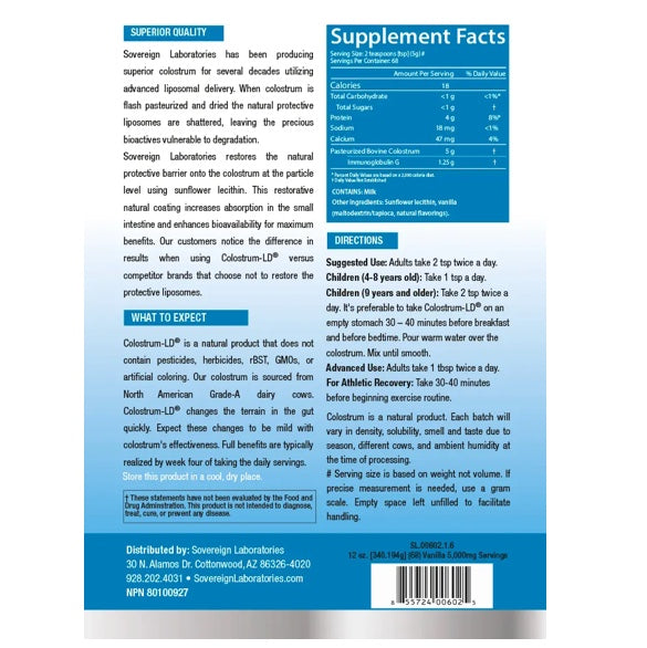 Sovereign Laboratories - Colostrum-LD® Liposomal Colostrum Powder - Vanilla Flavour (340g/12oz/68servings)