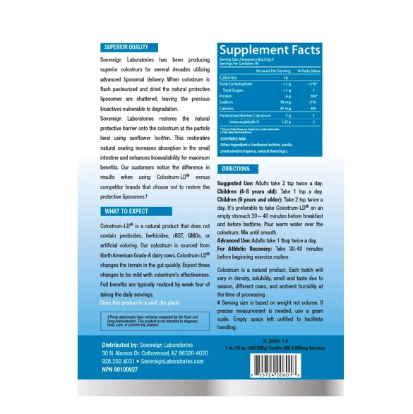 Sovereign Laboratories - Colostrum-LD® Liposomal Colostrum Powder Vanilla Flavour (454g/16oz/90servings)