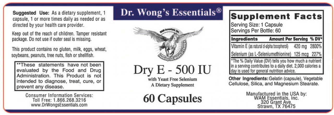 Vitamin E (Dry E) - 500 IU - 60 caps (WAM Essentials)