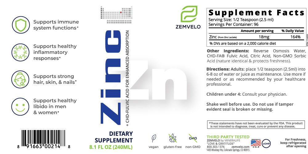 Zemvelo - ZINC 240ml - 8floz (previously Mineralife)