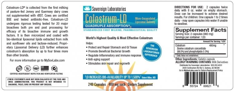 Sovereign Labs - Colostrum LD® Capsules : Liposomal Delivery - 240caps (480mg each)