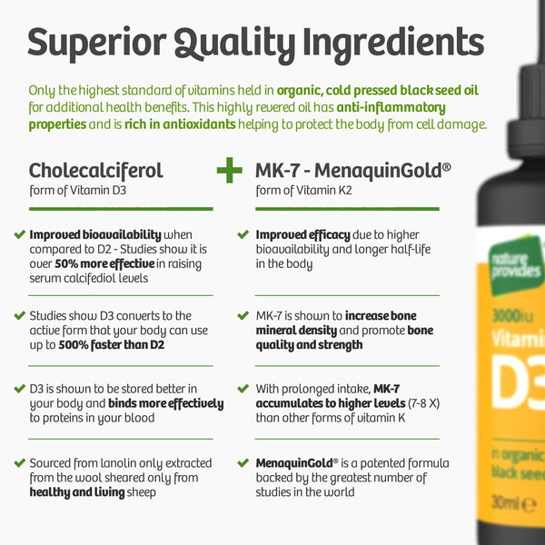 Nature Provides - Liquid Vitamin D3 (3000IU) & K2 (MK-7, 100% trans)