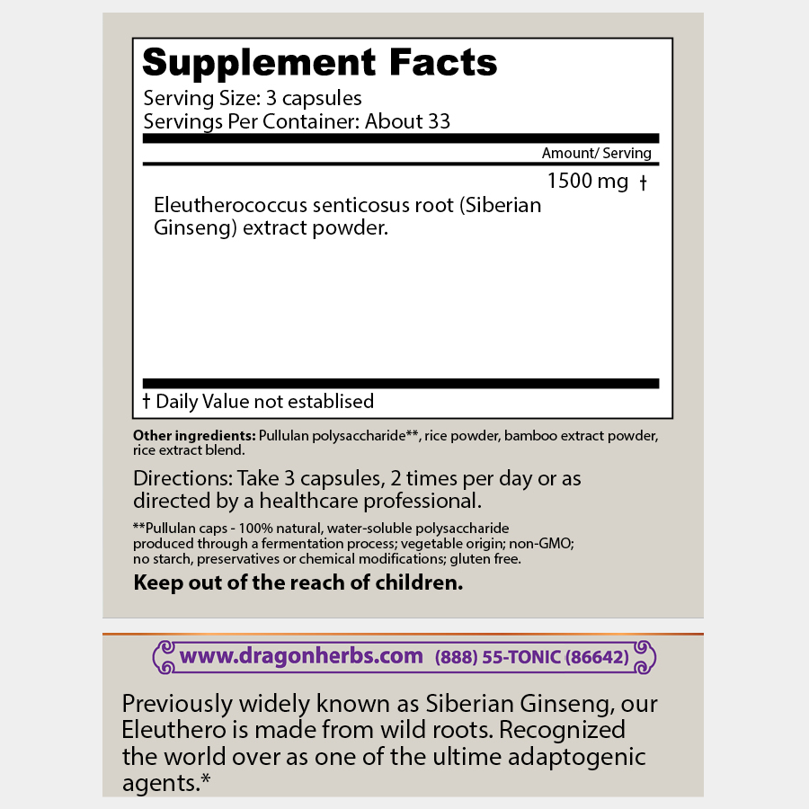 Dragon Herbs Eleuthero (Siberian Ginseng) 100caps 500mg