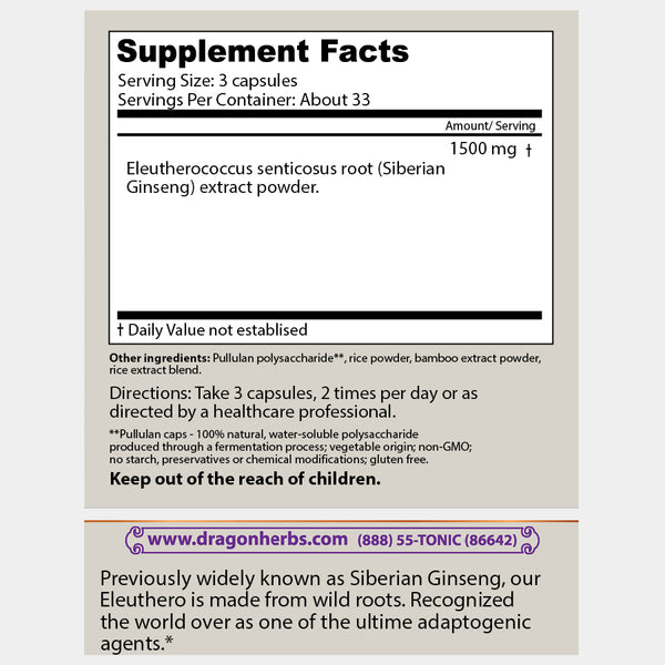 Dragon Herbs Eleuthero (Siberian Ginseng) 100caps 500mg