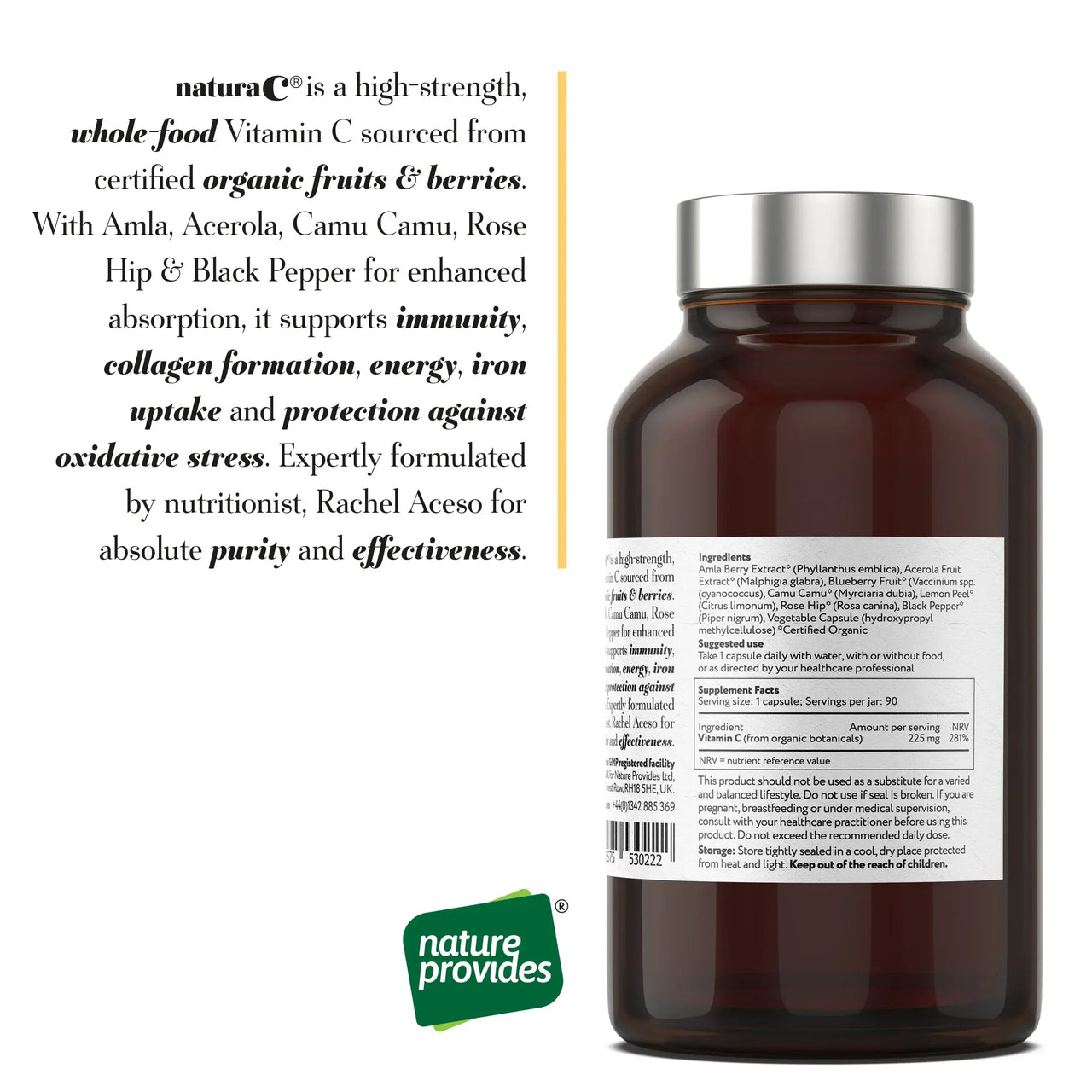 NaturaC | Organic whole-food Vitamin C (225mg) 90 Capsules