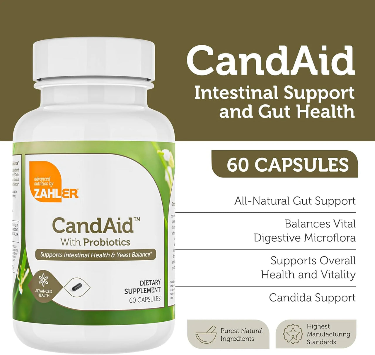 Zahler - CandAid Probiotics 60 capsules | Intestinal Health and Yeast Balance with Oregano and Garlic