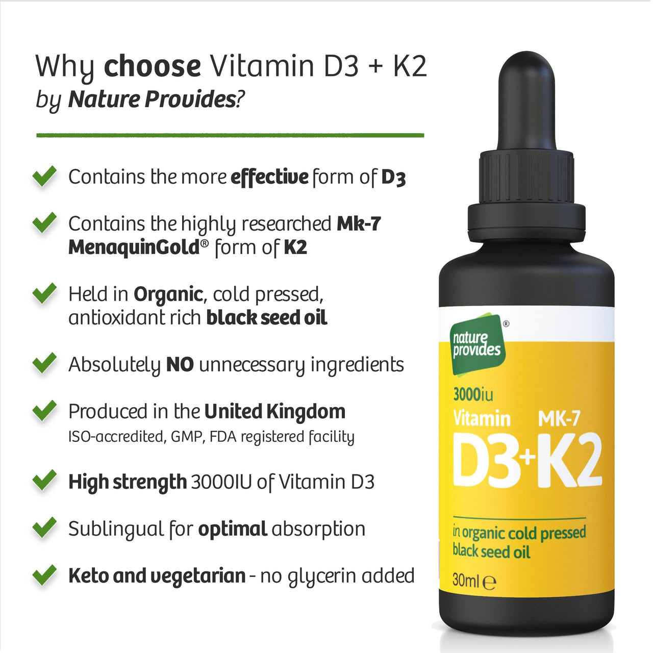 Liquid Vitamin D3 (3000IU) & K2 (MK-7, 100% trans)