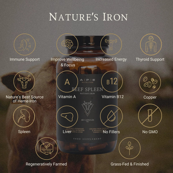 APE Nutrition - Grass-Fed Beef Spleen Capsules | Natural Heme Iron (180caps)