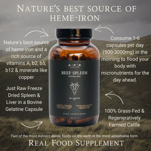 APE Nutrition - Grass-Fed Beef Spleen Capsules | Natural Heme Iron (180caps)