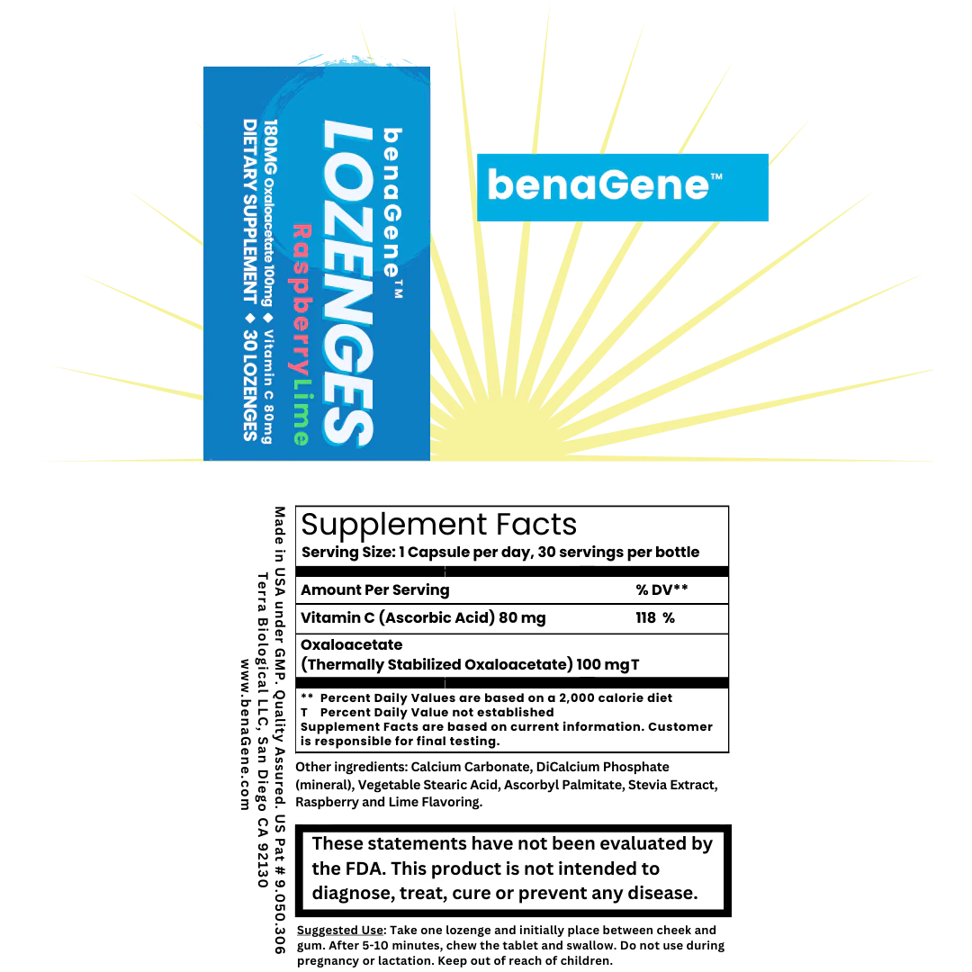 BenaGene Oxaloacetate Lozenges (30 per pack) | Raspberry-Lime Flavour