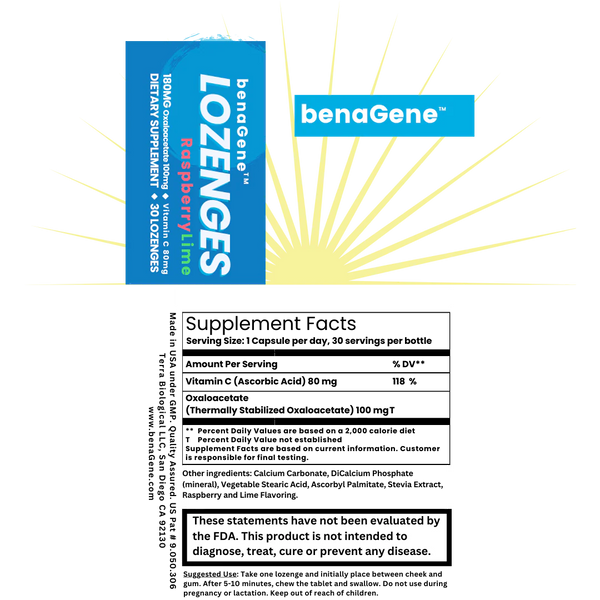 benaGene™ Lozenges – Raspberry Lime  Oxaloacetate 100mg + Vitamin C 80mg (30 Lozenges)