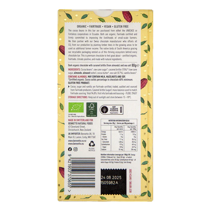 Bennetto - Organic Dark Salted Caramel Chocolate Bar 80g (60% Cocoa)