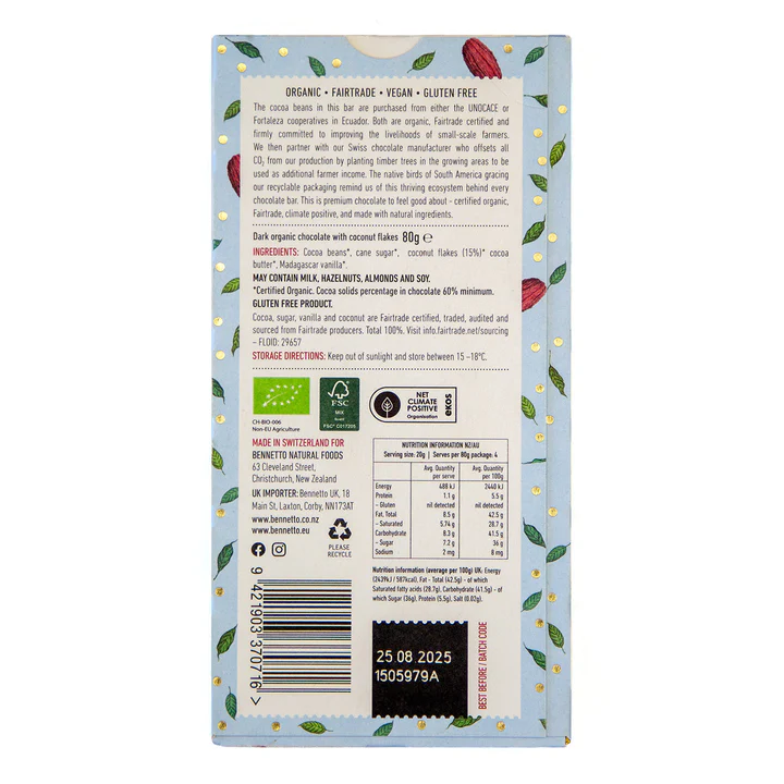 Bennetto - Coconut Flakes Organic Dark Chocolate Bar 80g (60% Cocoa)