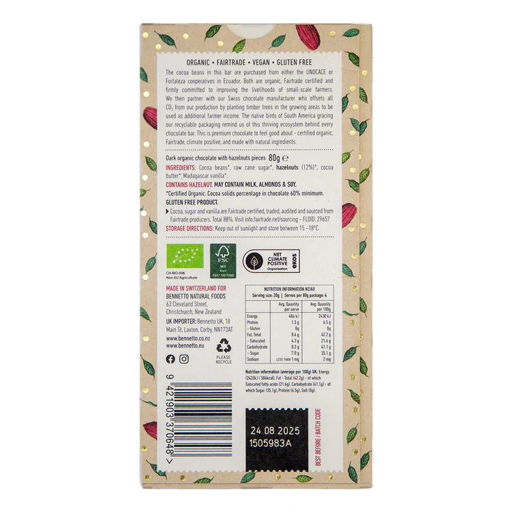 Bennetto - Organic Dark Toasted Hazelnut Chocolate Bar 80g (60% Cocoa)