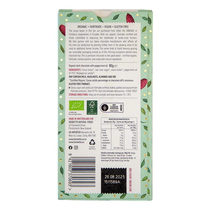 Bennetto - Organic Dark Mint Chocolate Bar 80g (60% Cocoa)