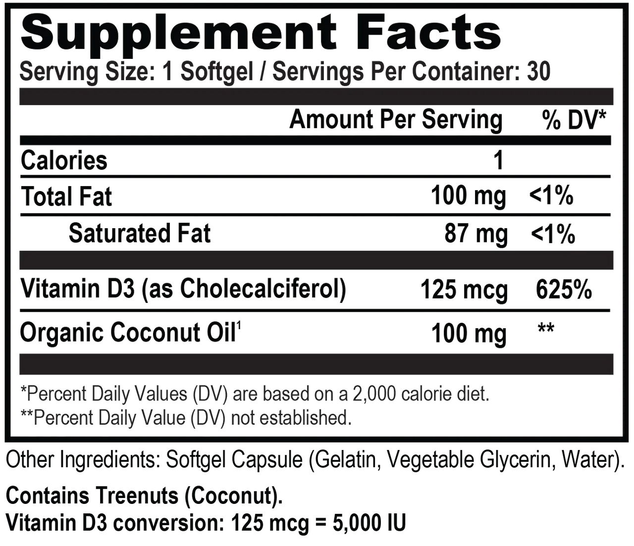 Vitamin D3 5,000 IU with Organic Coconut Oil - 30 ct.(Natural Stacks)