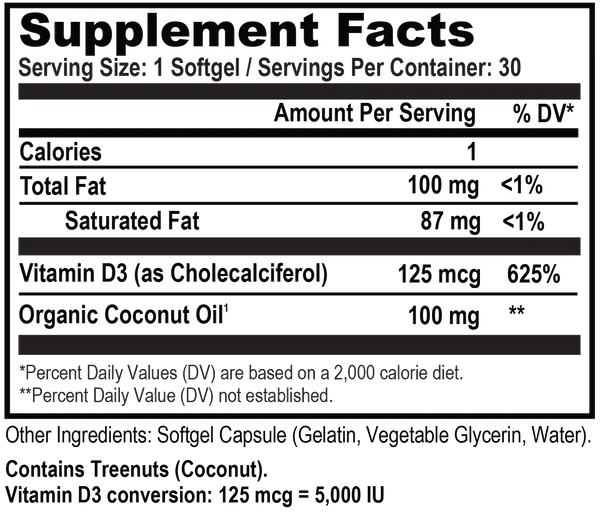 Vitamin D3 5,000 IU with Organic Coconut Oil - 30 ct.(Natural Stacks)