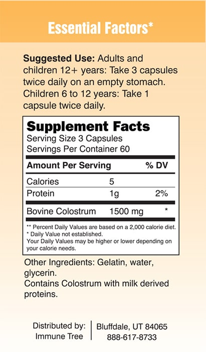 Wholefood Colostrum Capsules 180 count - 500 mg capsules (Immune Tree)