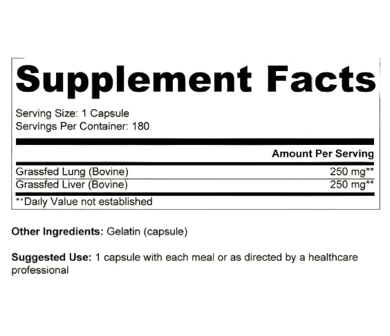 Ancestral Supplements - Grass Fed Beef Lung with Liver (180 capsules / 500mg)