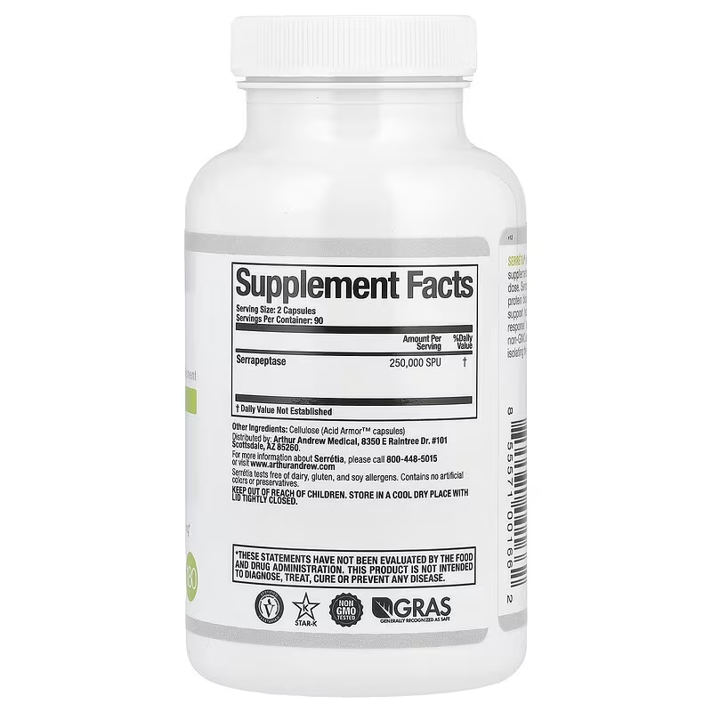 Serretia 90caps (250,000 SPU's) (Arthur Andrew Medical) (serrapeptase supplement)