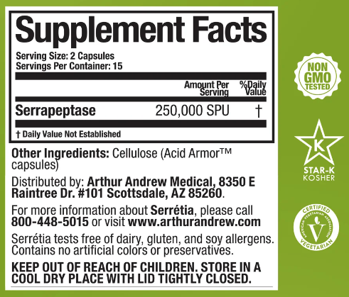 Serretia 90caps (250,000 SPU's) (Arthur Andrew Medical) (serrapeptase supplement)