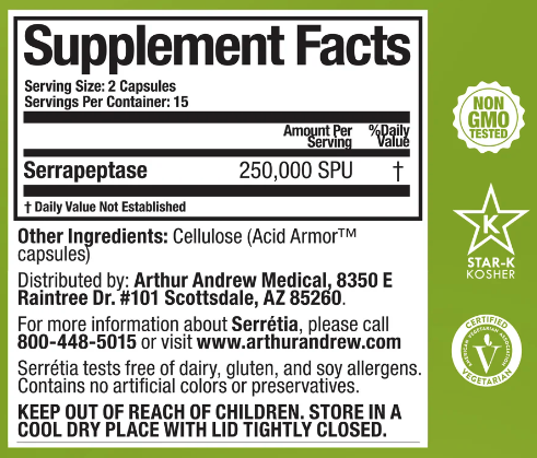 Arthur Andrew Medical - Serrétia® - Pure Serrapeptase Enzyme | 250,000 SPU (Sample 2 caps)