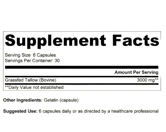 Ancestral Supplements - Grass Fed Beef Tallow - from Suet (180 capsules / 500mg)