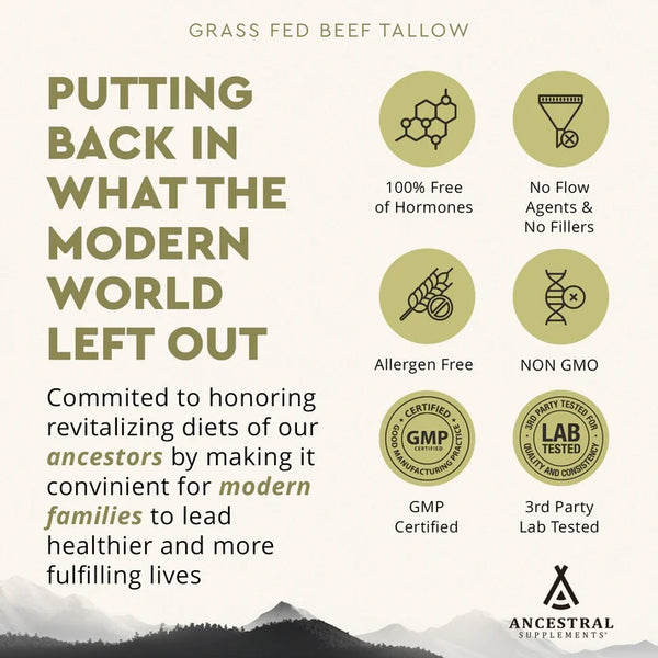 Ancestral Supplements - Grass Fed Beef Tallow - from Suet (180 capsules / 500mg)