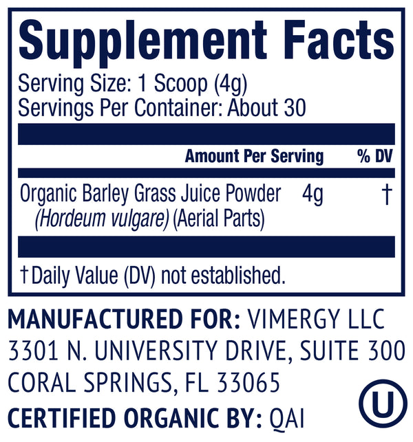 Vimergy Herbs - USDA Organic Barleygrass Juice Extract Powder 120g (Trial Size)