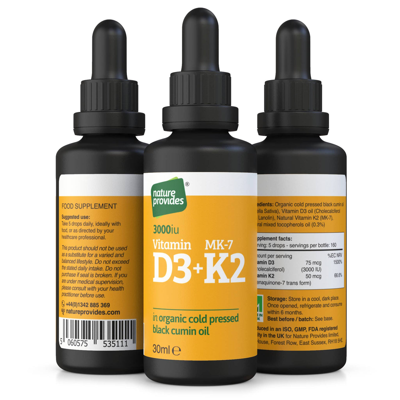 Liquid Vitamin D3 (3000IU) & K2 (MK-7, 100% trans)