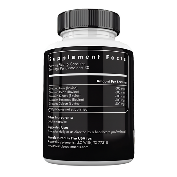 Ancestral Supplements - Grass Fed Desiccated Beef Organs - Liver, Heart, Kidney, Pancreas, Spleen - (180 capsules / 500mg)