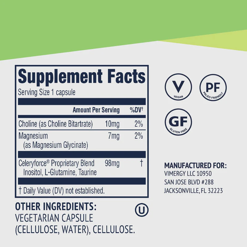 Vimergy Herbs - Celeryforce 60caps (Magnesium Glycinate, Inositol, L-Glutamine, L-Taurine, and Choline)