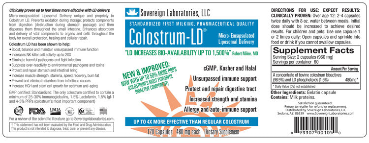 Sovereign Labs - Colostrum LD® Capsules: Liposomal Delivery - 120caps (480mg each)