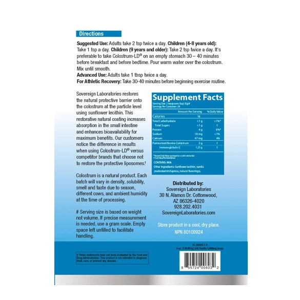 Sovereign Laboratories - Colostrum-LD® Liposomal Colostrum Powder - Vanilla Flavour (170g/6oz/34servings)