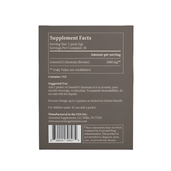 Ancestral Supplements - Grass Fed Beef Colostrum Stick Packs (30 servings/1g per stick)