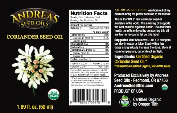 Andreas Seed Oils - Organic, Cold-Pressed, Coriander Seed Oil (50ml/1.69floz)