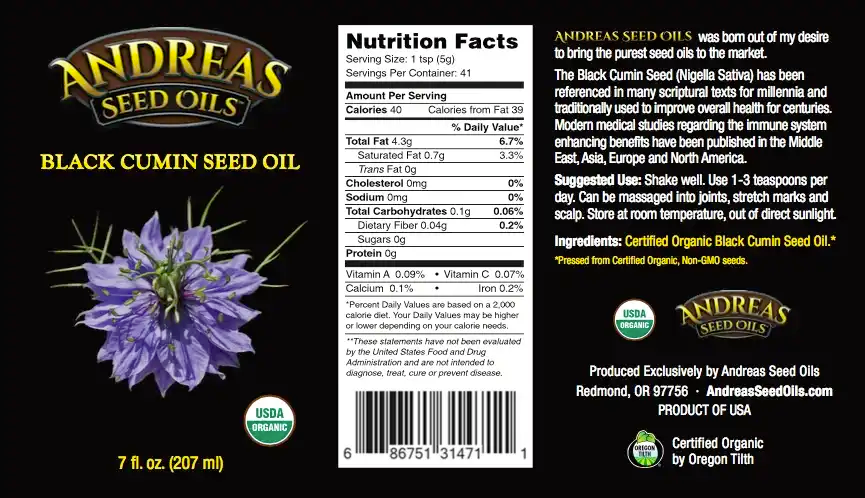 Andreas Seed Oils - Organic Black Cumin Seed Oil 207ml (7floz)