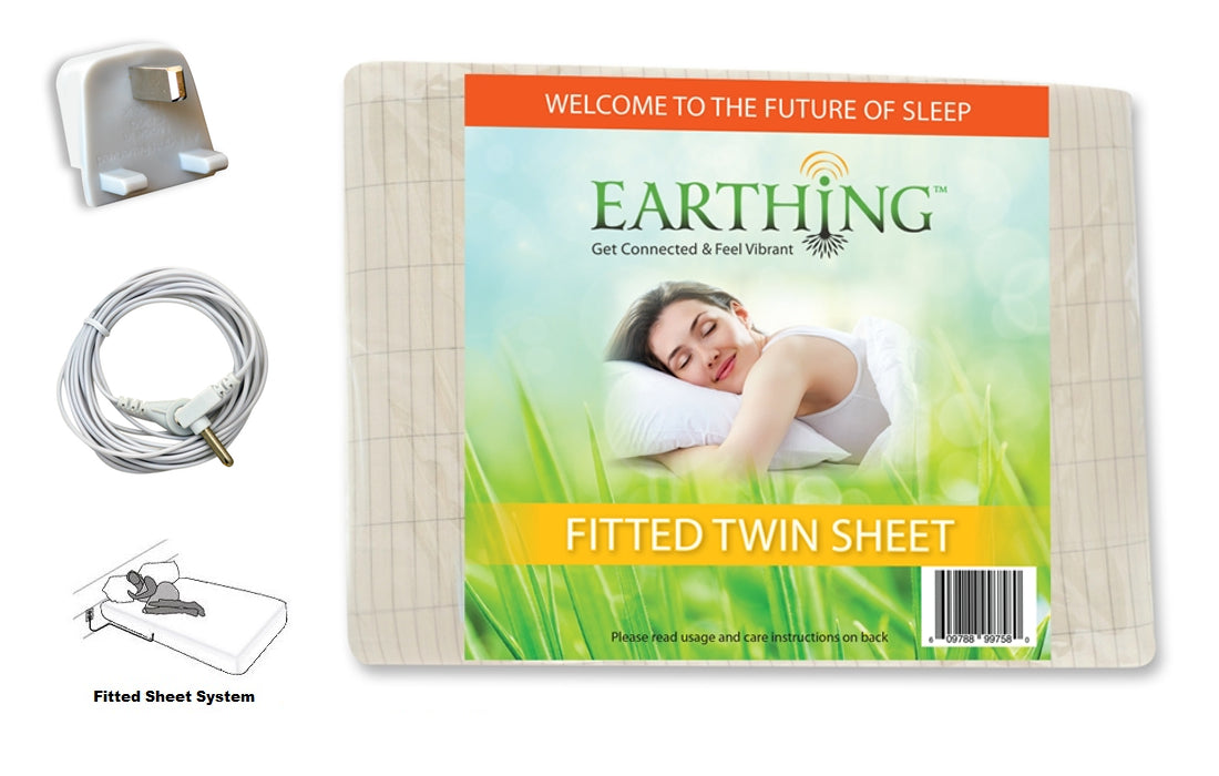 Earthing® fitted Bed Sheet with UK connection plug BUT NO WIRES – SIZE: UK Single bed. Dimensions: 39 x 75 inches (99 x 190 cm) (aka USA twin sheet shown on packaging)