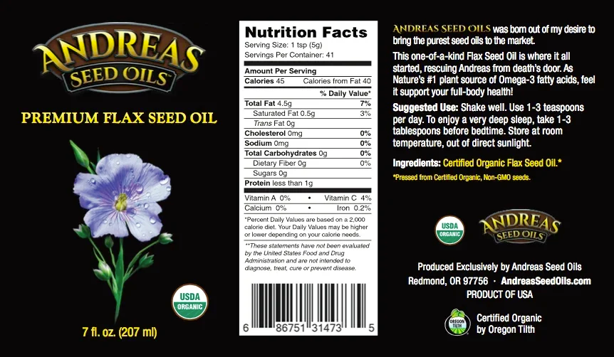 Andreas Seed Oils - Organic Premium Flax Seed Oil 207ml (7floz)