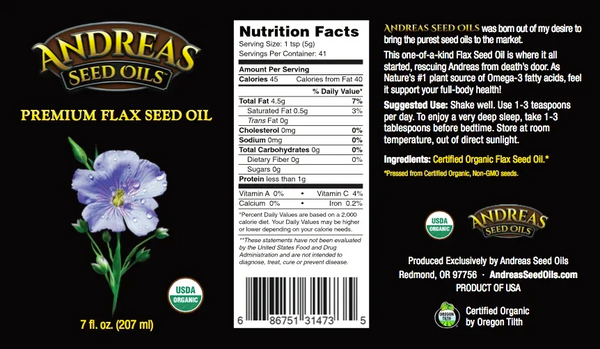 Andreas Seed Oils - Organic Premium Flax Seed Oil | Cold Pressed Omega-3 Oil (207ml)