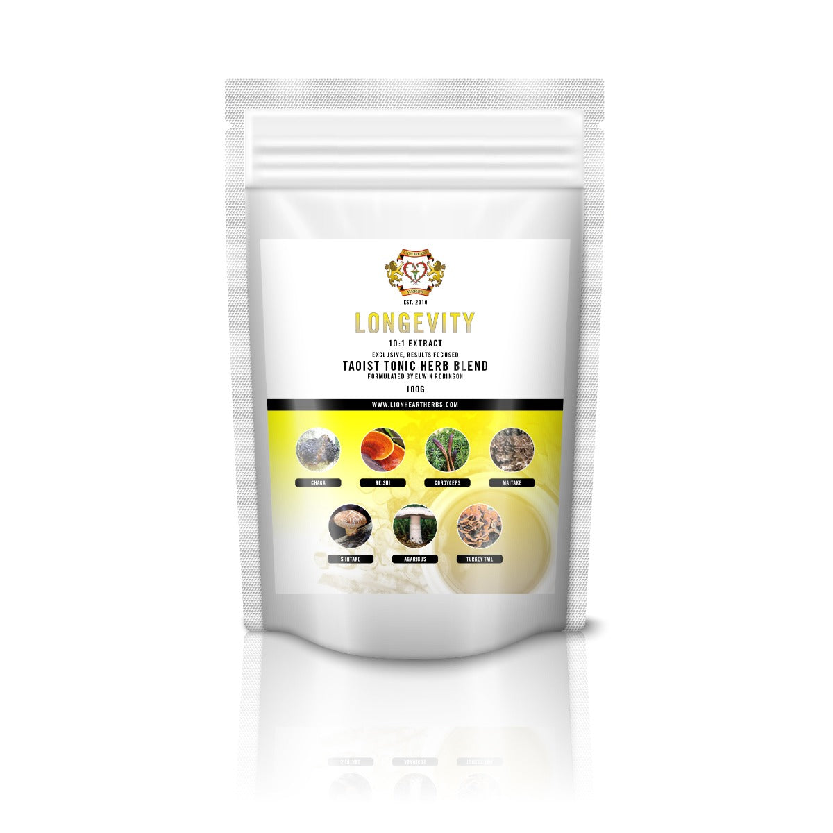 Longevity Instant Tea Blend - 10:1 Extract containing 7 x Medicinal Mushrooms 100g (lion heart herbs)