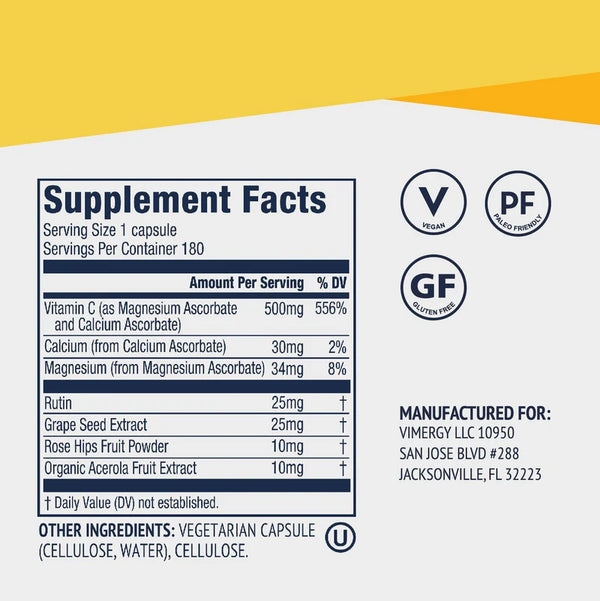 Vimergy Herbs - Micro-C (Vitamin C enchanced with Rose-hips and Grape Seed Extract) 180caps