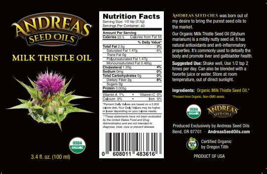 Andreas Seed Oils - Organic Milk Thistle Seed Oil 100ml (3.4floz)