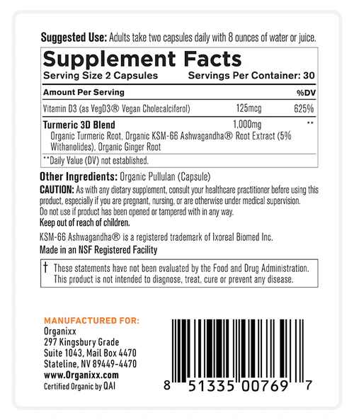 Organixx – Turmeric 3D Capsules with KSM-66® Ashwagandha & Vitamin D3 (60caps/30servings)