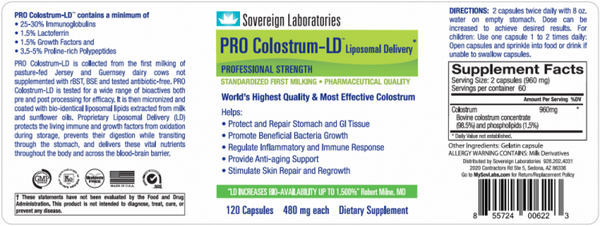 Sovereign Laboratories - PRO Colostrum-LD® Capsules – Liposomal Delivery Bovine Colostrum (120caps/480mg/60servings)