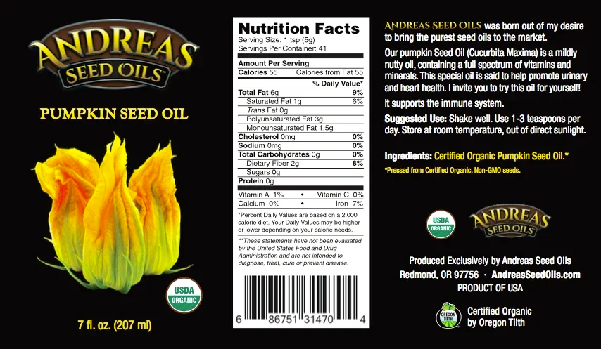 Andreas Seed Oils - Organic Pumpkin Seed Oil 207ml (7floz)