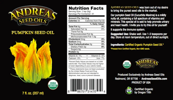 Andreas Seed Oils - Organic, Cold-Pressed, Pumpkin Seed Oil (207ml/7floz)