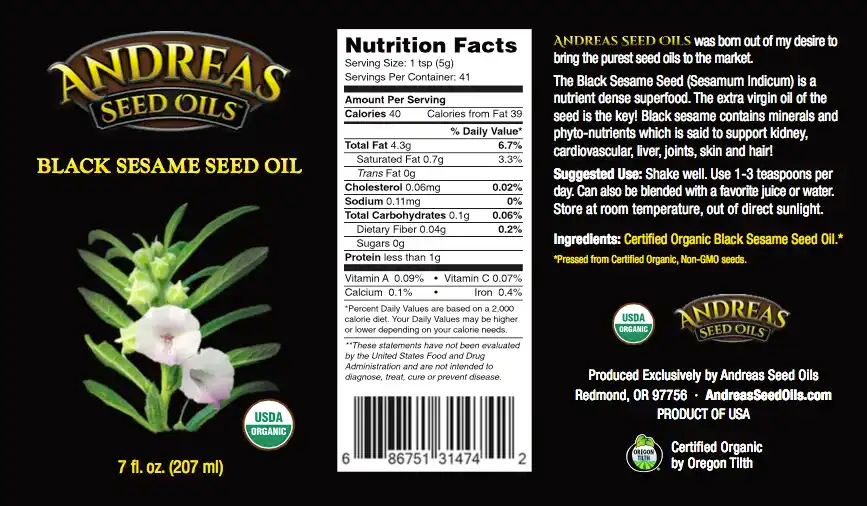 Andreas Seed Oils - Organic Black Sesame Seed Oil 207ml (7floz)