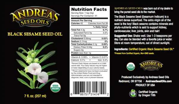 Andreas Seed Oils - Organic Cold-Pressed Black Sesame Seed Oil (207ml/7floz)