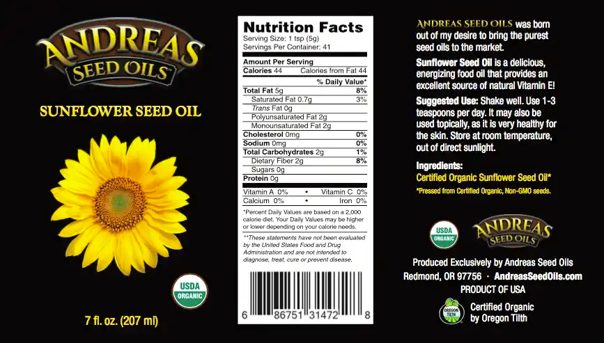 Andreas Seed Oils - Organic Sunflower Seed Oil 207ml (7floz)